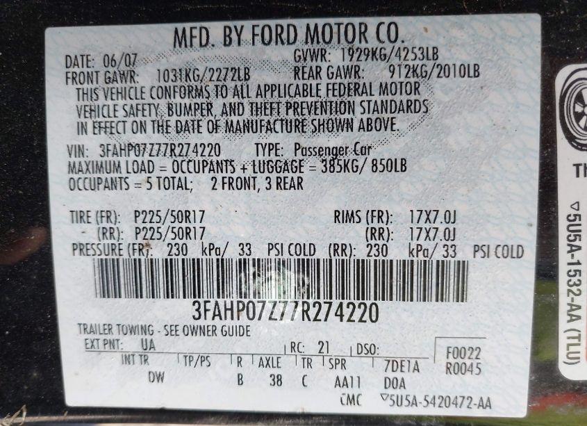 Photo 9 of 2007 Ford Fusion SE (VIN 3FAHP07Z77R274220)
