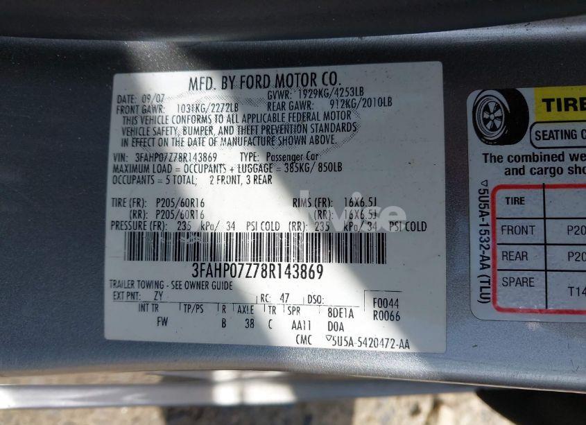 Photo 9 of 2008 Ford Fusion SE (VIN 3FAHP07Z78R143869)