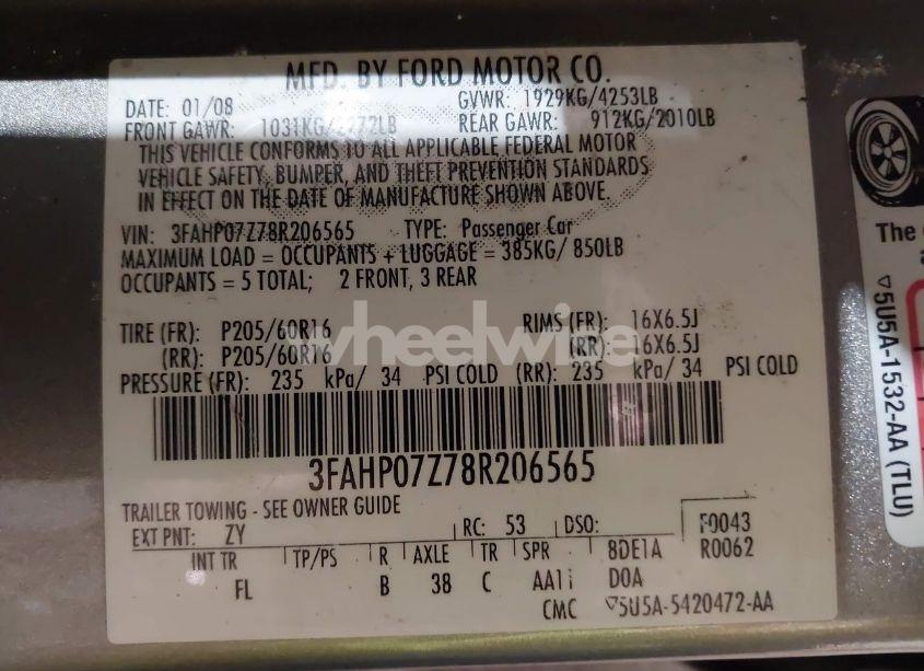 Photo 9 of 2008 Ford Fusion SE (VIN 3FAHP07Z78R206565)