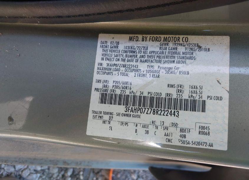 Photo 9 of 2008 Ford Fusion SE (VIN 3FAHP07Z78R222443)