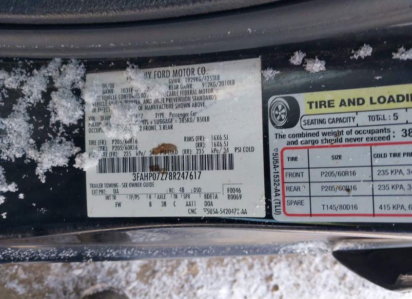 Photo 9 of 2008 Ford Fusion SE (VIN 3FAHP07Z78R247617)