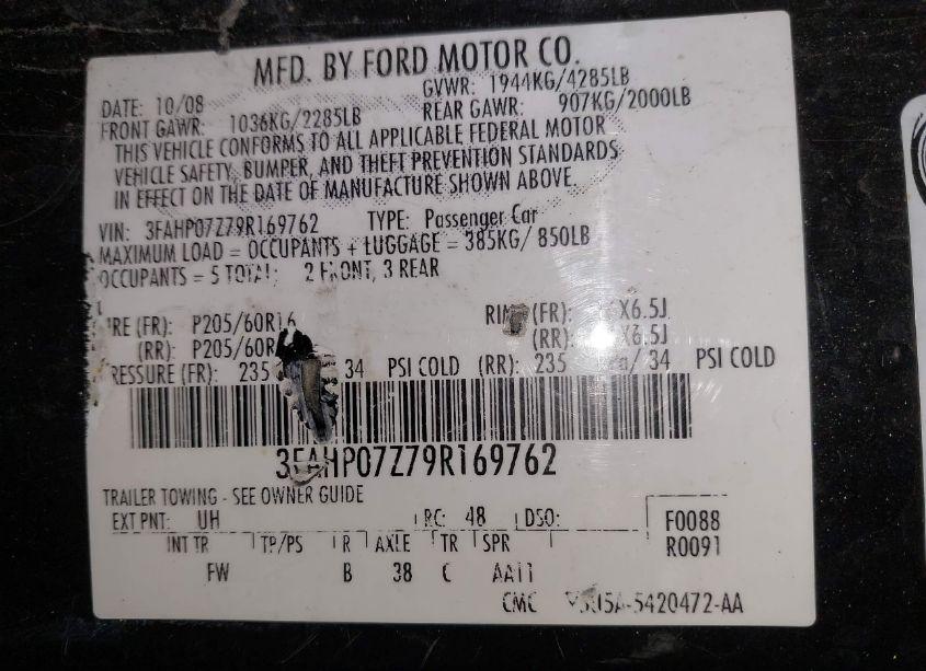 Photo 9 of 2009 Ford Fusion SE (VIN 3FAHP07Z79R169762)