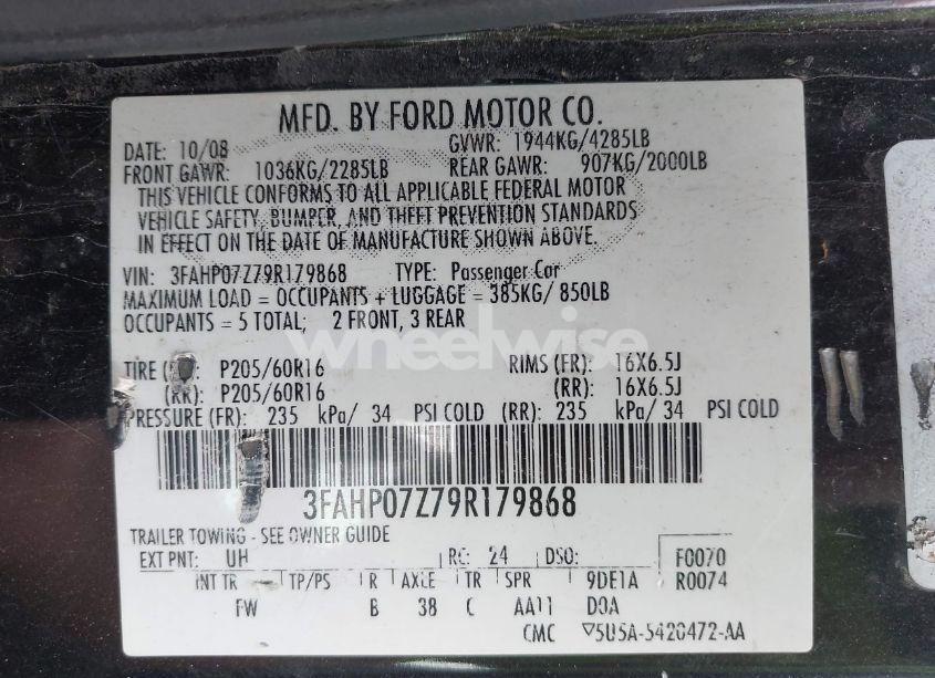 Photo 9 of 2009 Ford Fusion SE (VIN 3FAHP07Z79R179868)