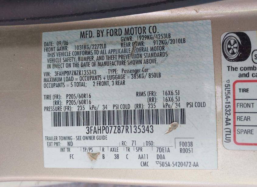 Photo 9 of 2007 Ford Fusion SE (VIN 3FAHP07Z87R135343)