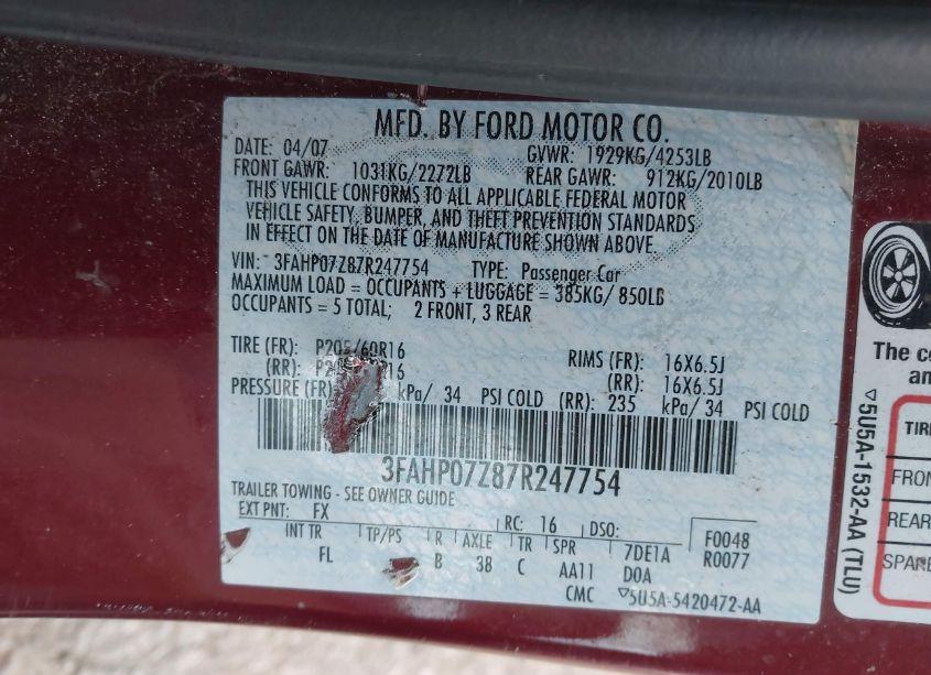 Photo 9 of 2007 Ford Fusion SE (VIN 3FAHP07Z87R247754)