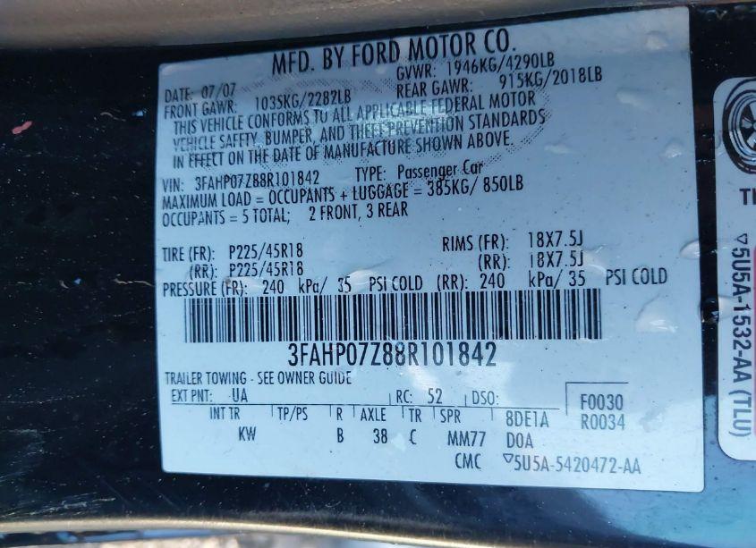 Photo 9 of 2008 Ford Fusion SE (VIN 3FAHP07Z88R101842)