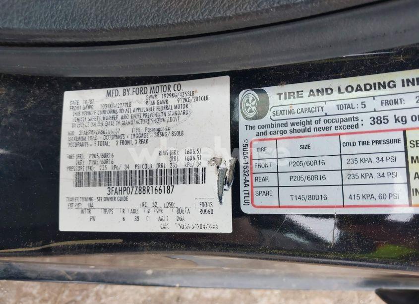 Photo 9 of 2008 Ford Fusion SE (VIN 3FAHP07Z88R166187)