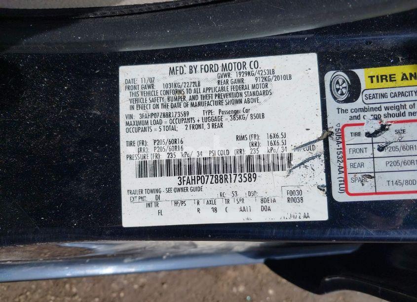 Photo 9 of 2008 Ford Fusion SE (VIN 3FAHP07Z88R173589)