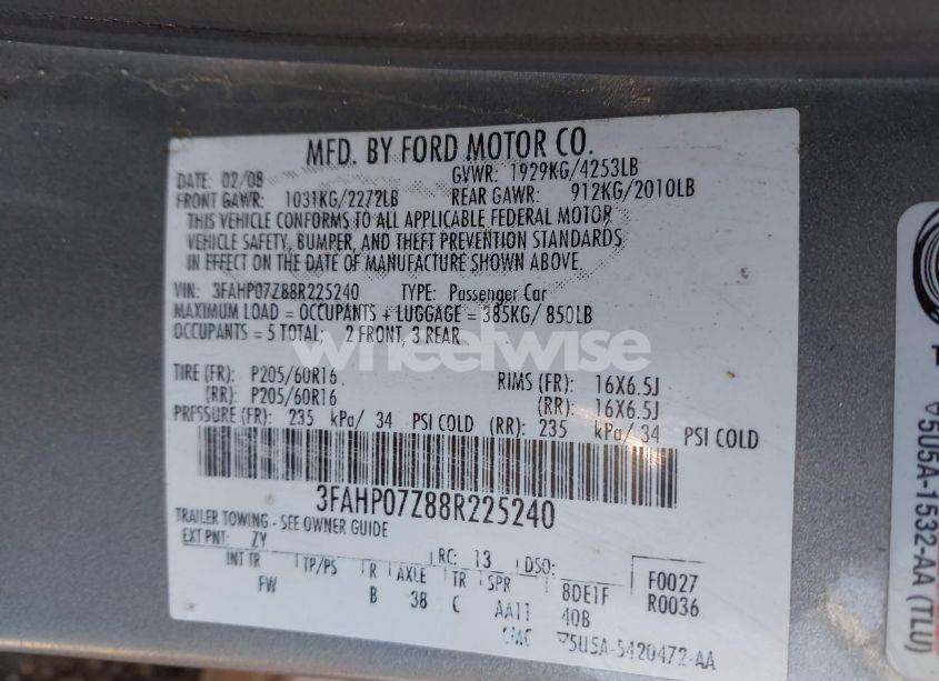 Photo 9 of 2008 Ford Fusion SE (VIN 3FAHP07Z88R225240)