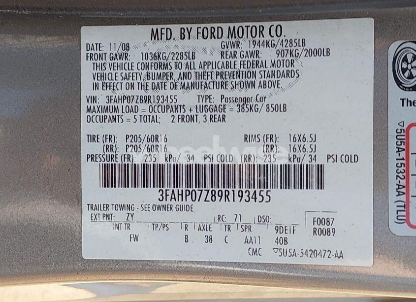 Photo 9 of 2009 Ford Fusion SE (VIN 3FAHP07Z89R193455)