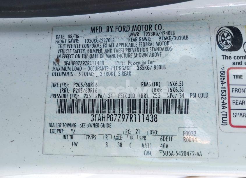 Photo 9 of 2007 Ford Fusion SE (VIN 3FAHP07Z97R111438)