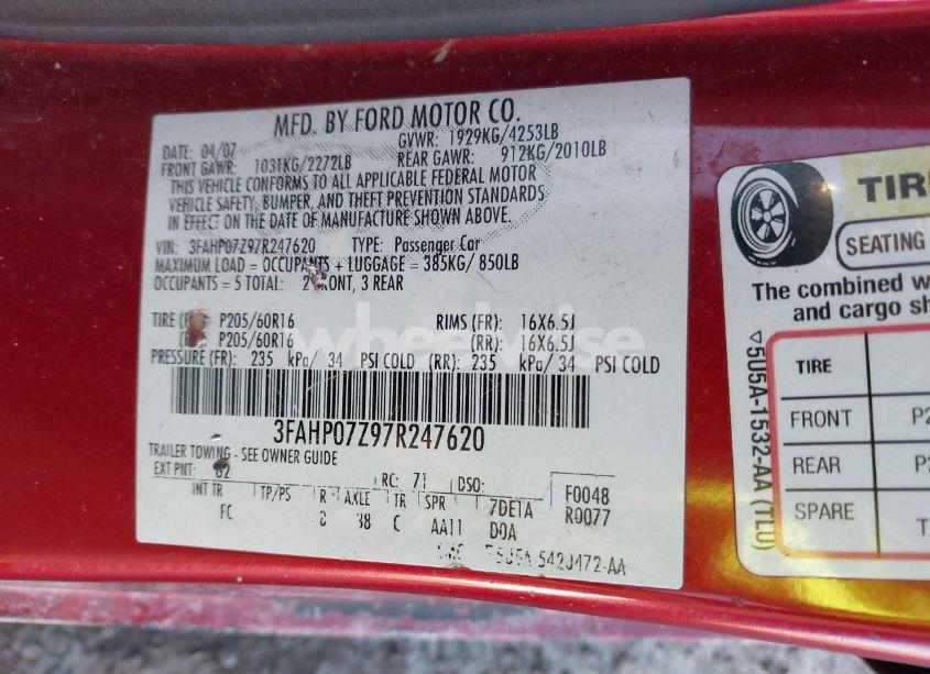 Photo 9 of 2007 Ford Fusion SE (VIN 3FAHP07Z97R247620)