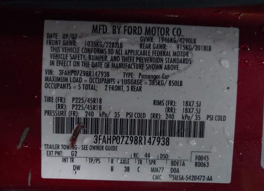 Photo 9 of 2008 Ford Fusion SE (VIN 3FAHP07Z98R147938)