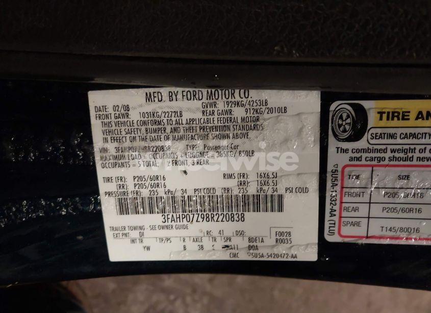 Photo 9 of 2008 Ford Fusion SE (VIN 3FAHP07Z98R220838)