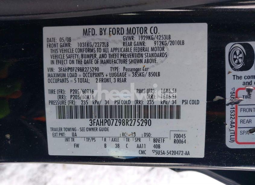 Photo 9 of 2008 Ford Fusion SE (VIN 3FAHP07Z98R275290)