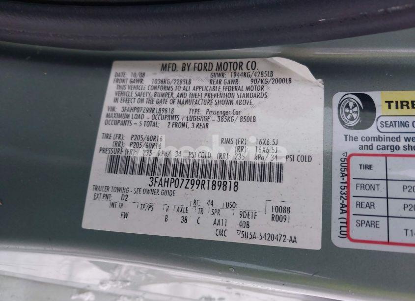 Photo 9 of 2009 Ford Fusion SE (VIN 3FAHP07Z99R189818)