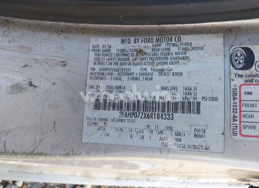 Photo 9 of 2006 Ford Fusion SE (VIN 3FAHP07ZX6R184333)