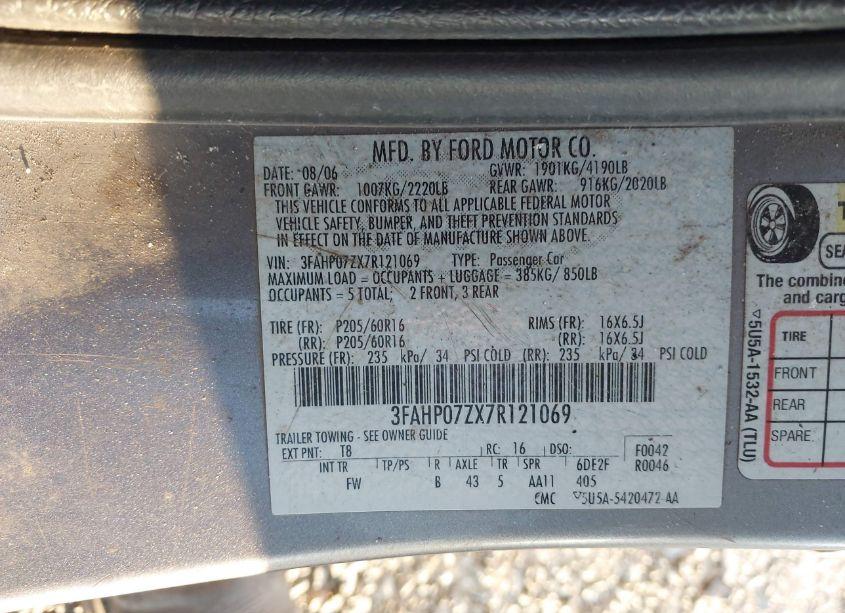Photo 9 of 2007 Ford Fusion SE (VIN 3FAHP07ZX7R121069)