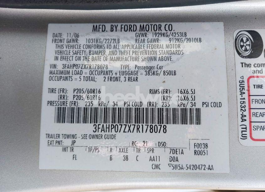 Photo 9 of 2007 Ford Fusion SE (VIN 3FAHP07ZX7R178078)