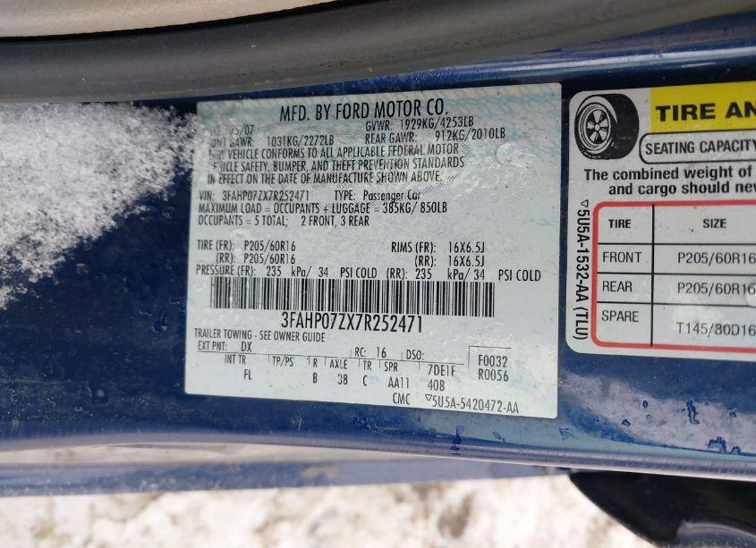 Photo 9 of 2007 Ford Fusion SE (VIN 3FAHP07ZX7R252471)