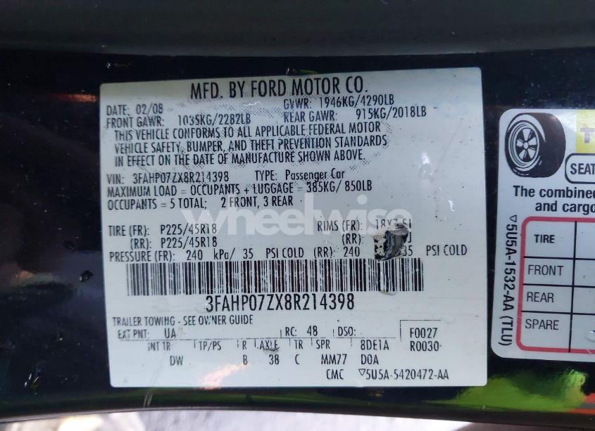 Photo 9 of 2008 Ford Fusion SE (VIN 3FAHP07ZX8R214398)