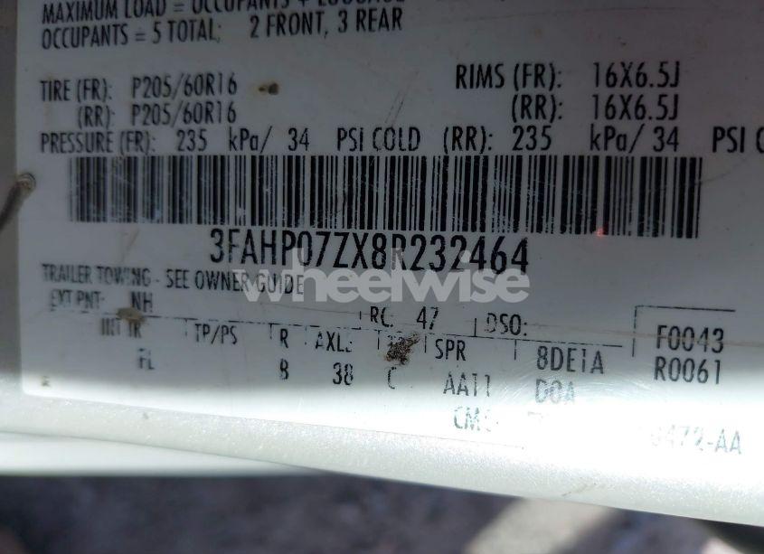 Photo 9 of 2008 Ford Fusion SE (VIN 3FAHP07ZX8R232464)