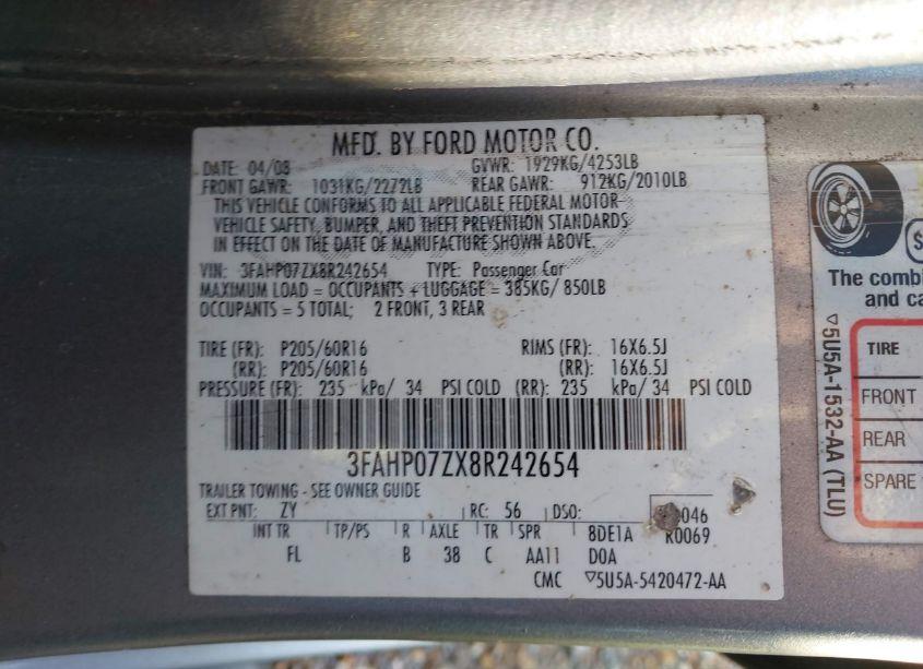 Photo 9 of 2008 Ford Fusion SE (VIN 3FAHP07ZX8R242654)