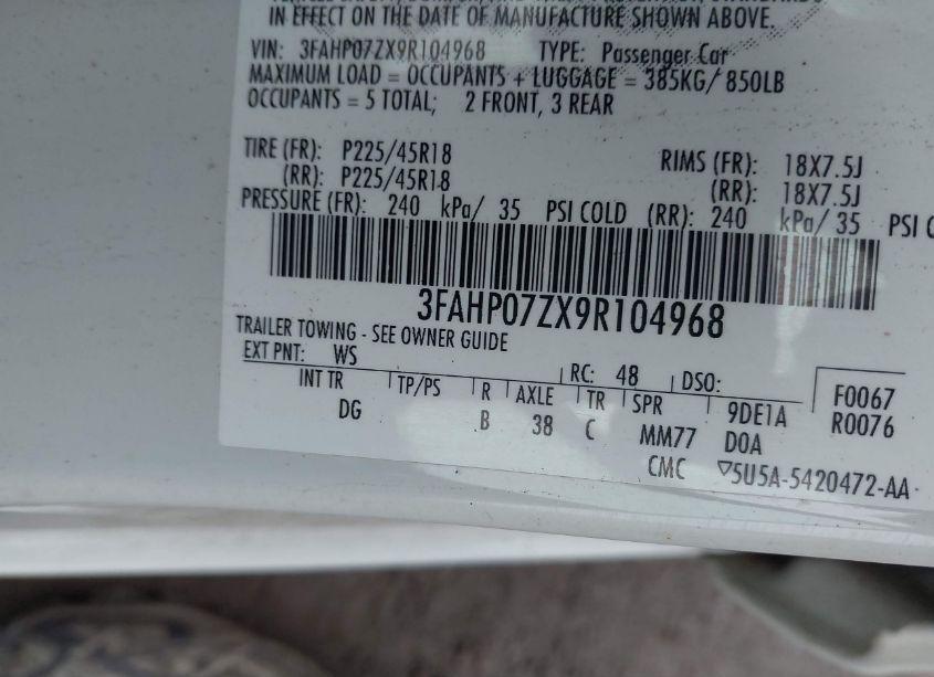 Photo 9 of 2009 Ford Fusion SE (VIN 3FAHP07ZX9R104968)