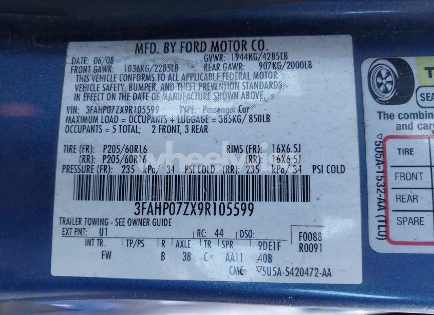 Photo 9 of 2009 Ford Fusion SE (VIN 3FAHP07ZX9R105599)