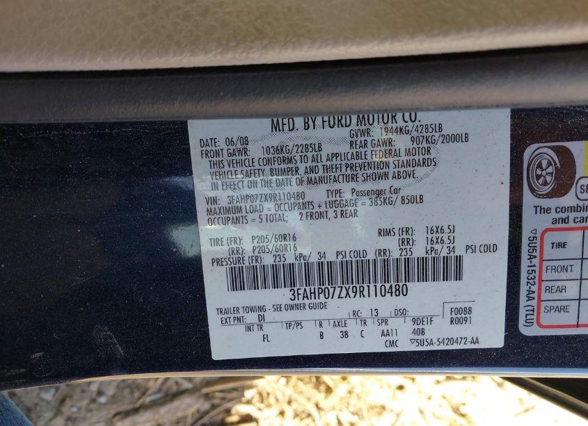 Photo 9 of 2009 Ford Fusion SE (VIN 3FAHP07ZX9R110480)