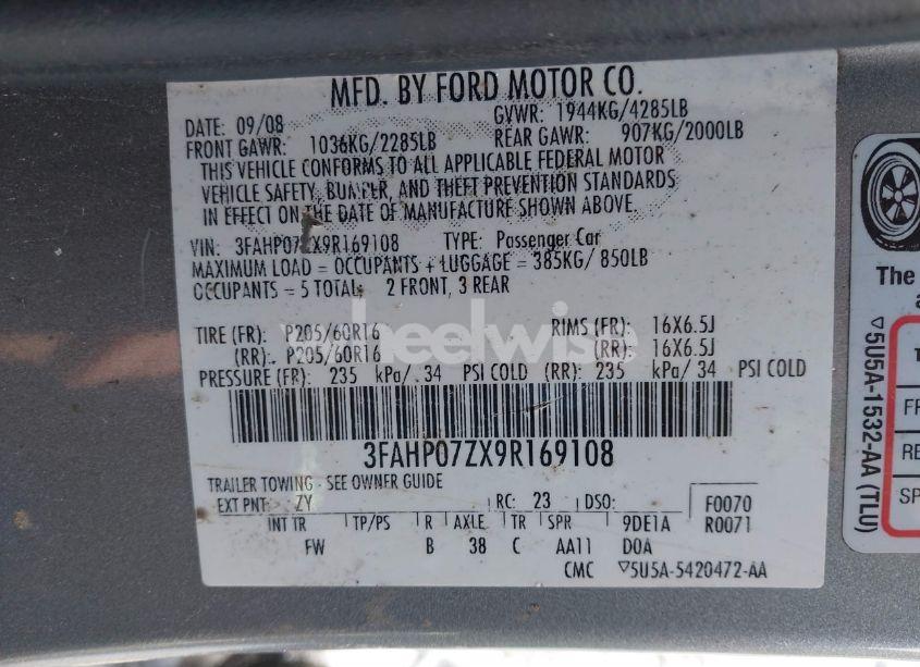 Photo 9 of 2009 Ford Fusion SE (VIN 3FAHP07ZX9R169108)