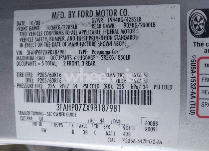 Photo 9 of 2009 Ford Fusion SE (VIN 3FAHP07ZX9R187981)