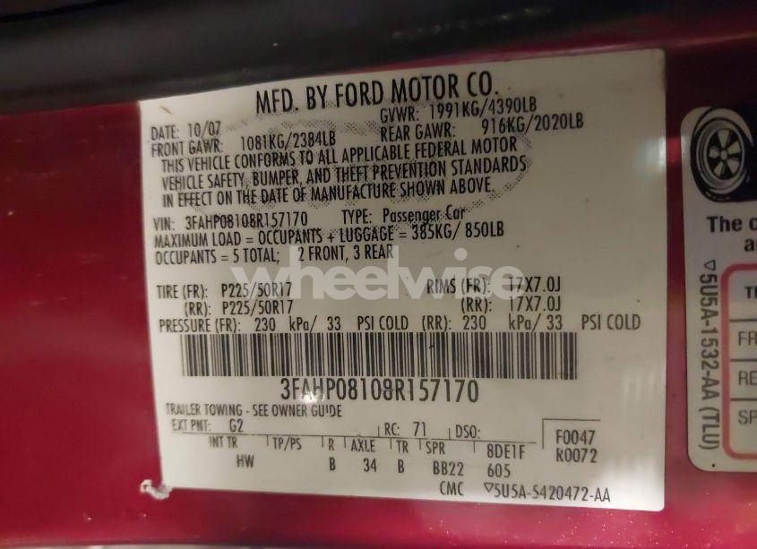 Photo 9 of 2008 Ford Fusion SEL (VIN 3FAHP08108R157170)