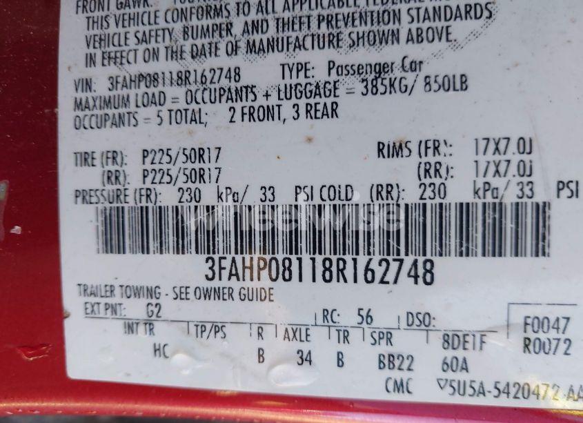 Photo 9 of 2008 Ford Fusion SEL (VIN 3FAHP08118R162748)