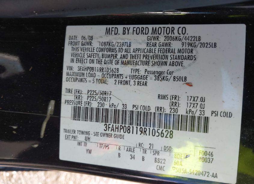 Photo 9 of 2009 Ford Fusion SEL (VIN 3FAHP08119R105628)