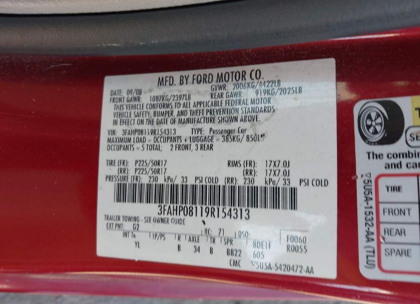 Photo 9 of 2009 Ford Fusion SEL (VIN 3FAHP08119R154313)