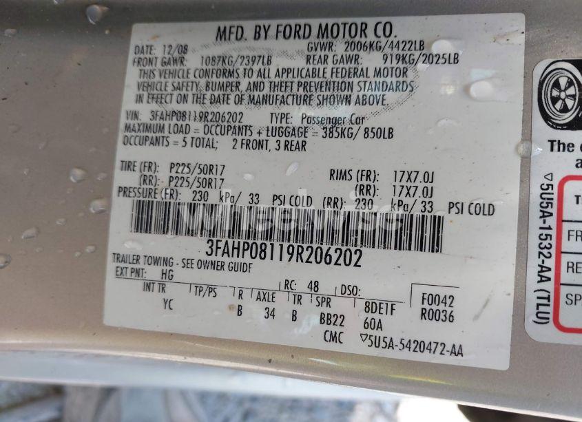 Photo 9 of 2009 Ford Fusion SEL (VIN 3FAHP08119R206202)