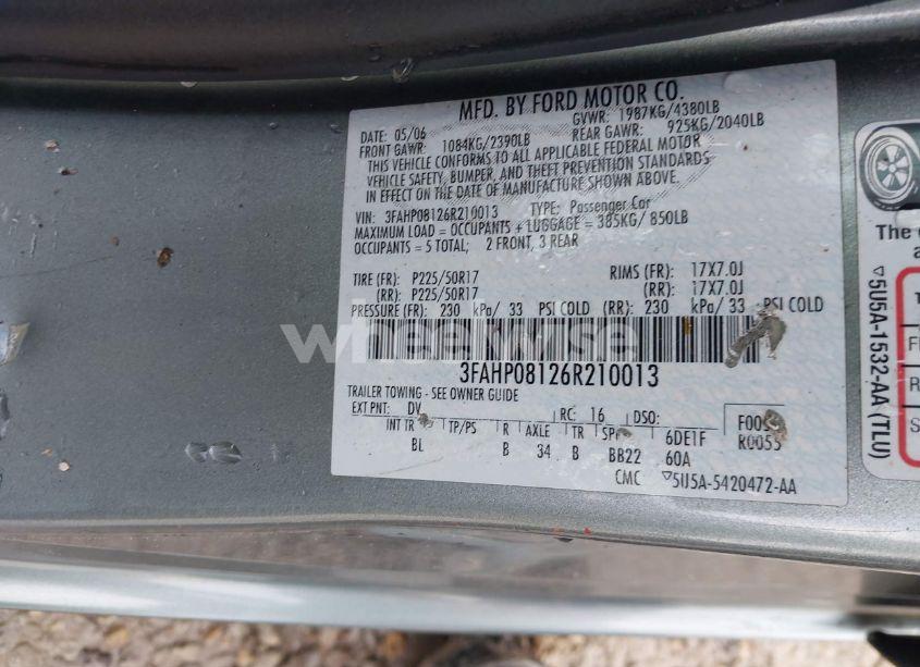 Photo 9 of 2006 Ford Fusion SEL (VIN 3FAHP08126R210013)