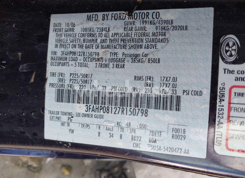 Photo 9 of 2007 Ford Fusion SEL (VIN 3FAHP08127R150798)