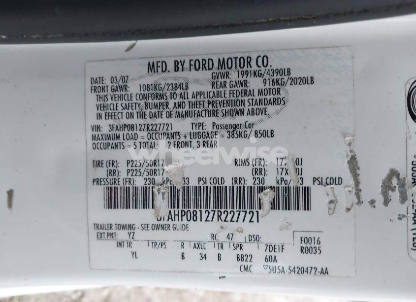 Photo 9 of 2007 Ford Fusion SEL (VIN 3FAHP08127R227721)