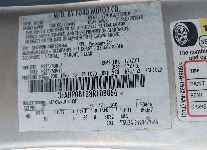 Photo 9 of 2008 Ford Fusion SEL (VIN 3FAHP08128R108066)