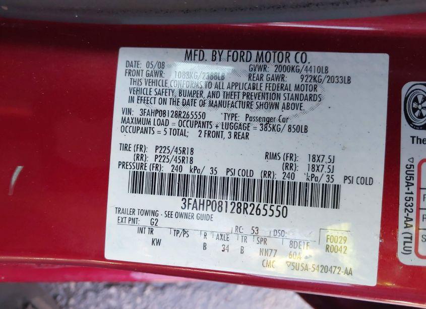 Photo 9 of 2008 Ford Fusion SEL (VIN 3FAHP08128R265550)