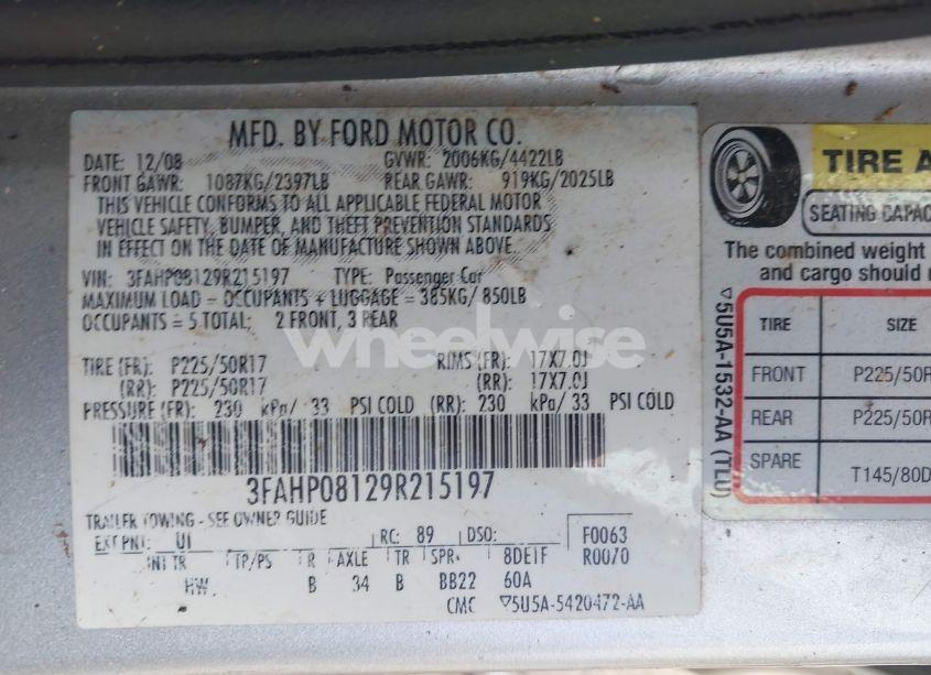 Photo 9 of 2009 Ford Fusion SEL (VIN 3FAHP08129R215197)