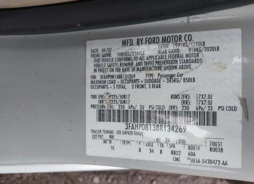 Photo 9 of 2008 Ford Fusion SEL (VIN 3FAHP08138R134269)