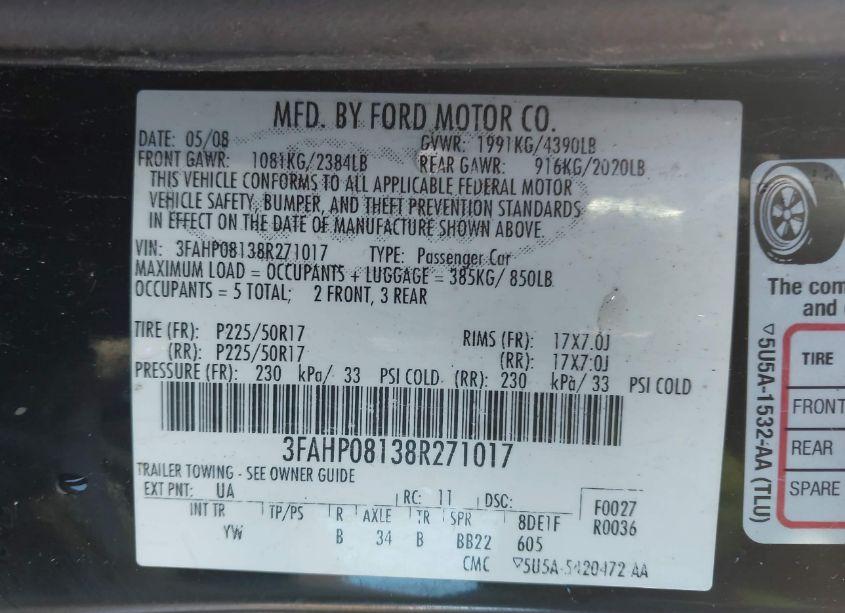 Photo 9 of 2008 Ford Fusion SEL (VIN 3FAHP08138R271017)