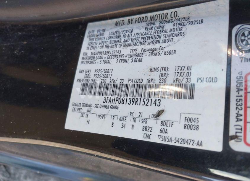 Photo 9 of 2009 Ford Fusion SEL (VIN 3FAHP08139R152143)