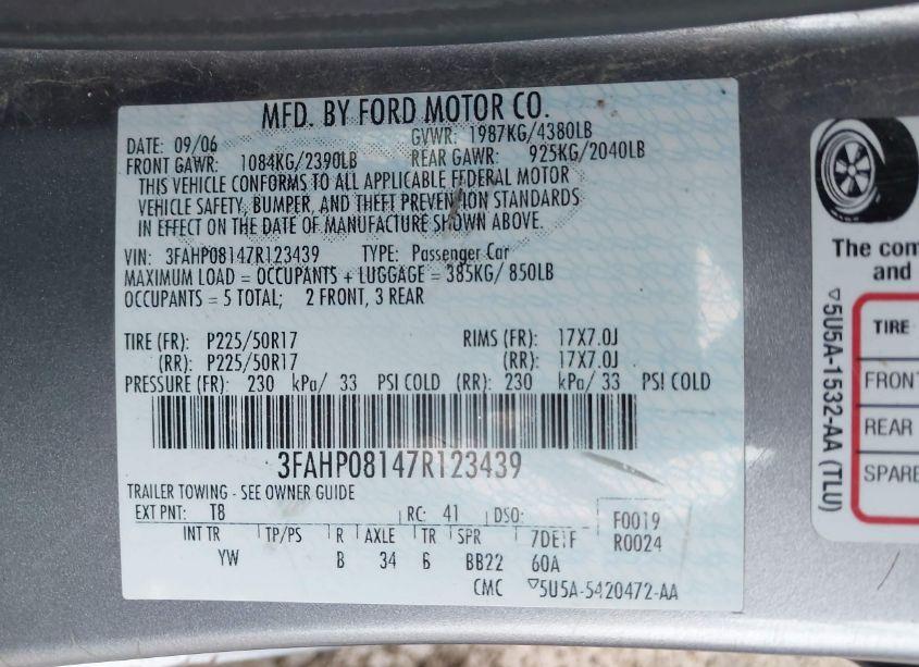 Photo 9 of 2007 Ford Fusion SEL (VIN 3FAHP08147R123439)