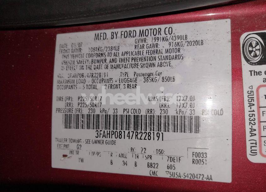 Photo 9 of 2007 Ford Fusion SEL (VIN 3FAHP08147R228191)
