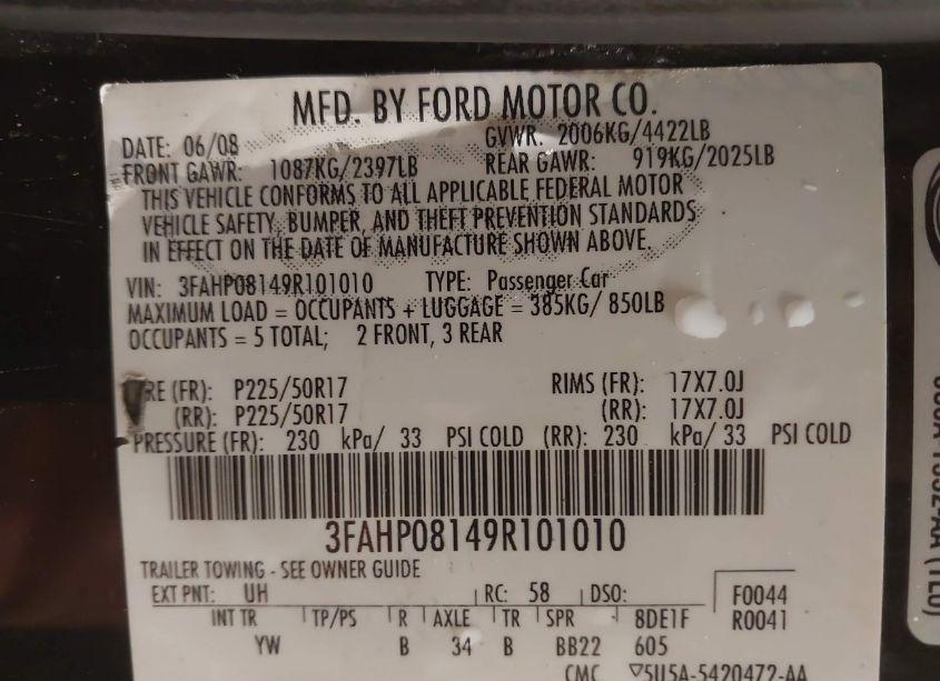 Photo 9 of 2009 Ford Fusion SEL (VIN 3FAHP08149R101010)