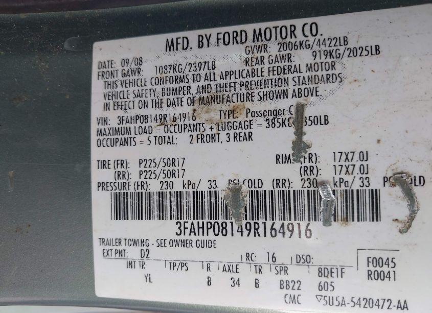 Photo 9 of 2009 Ford Fusion SEL (VIN 3FAHP08149R164916)